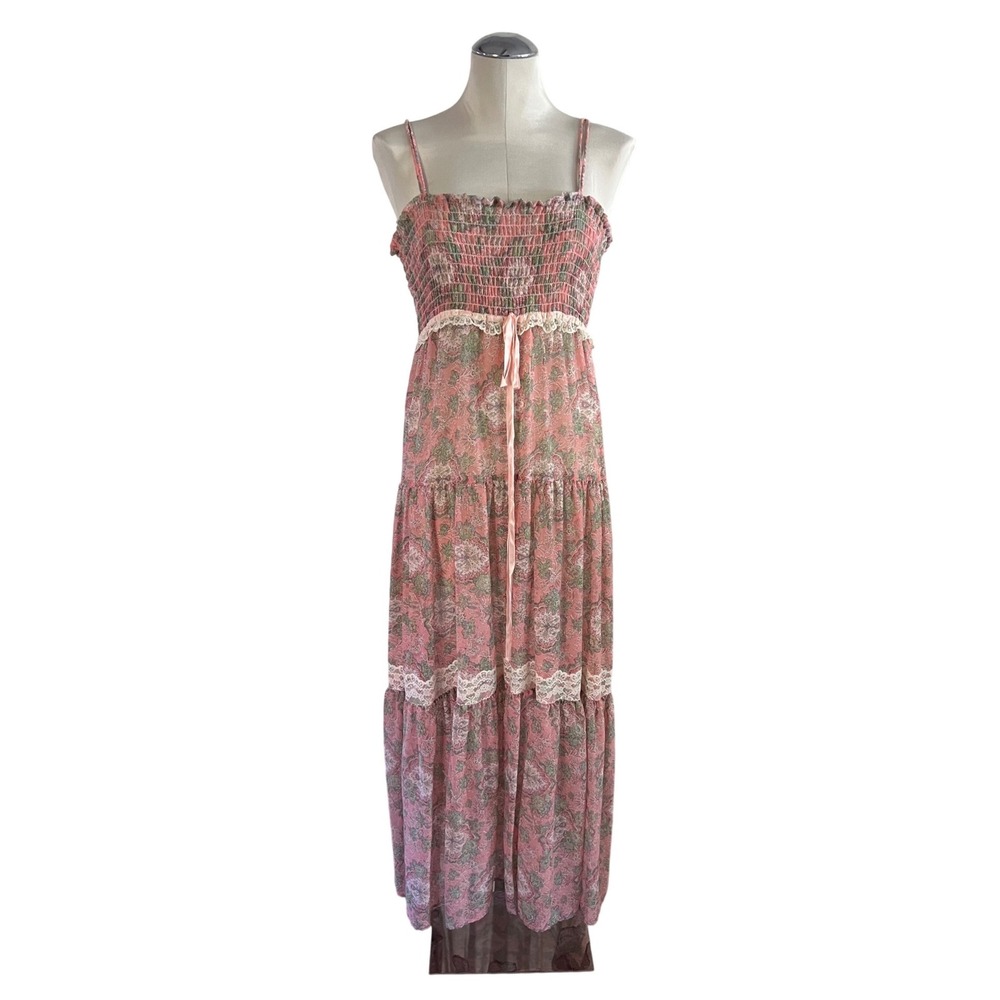 Vintage 1970s Gilligan O'Malley Pink Floral Smocked Prairie Maxi Dress S